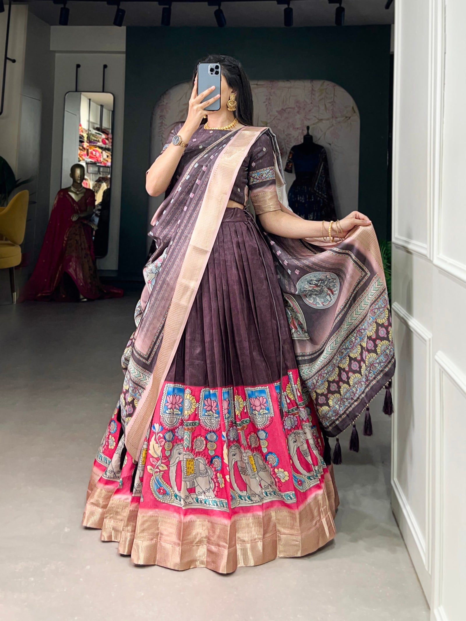 Burgundy Kalamkari Print Lehenga Choli Set - Dola Silk with Weaving Border ClothsVilla