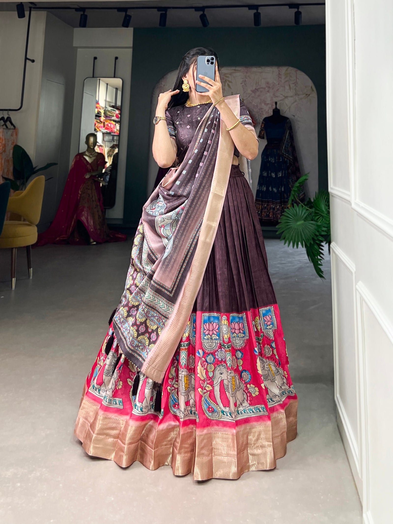Burgundy Kalamkari Print Lehenga Choli Set - Dola Silk with Weaving Border ClothsVilla
