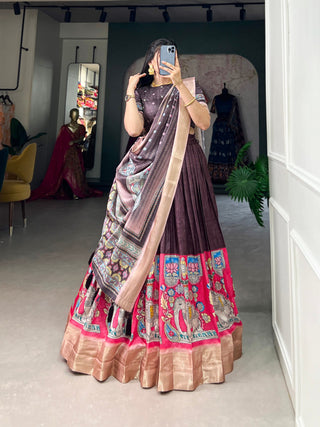 Burgundy Kalamkari Print Lehenga Choli Set - Dola Silk with Weaving Border ClothsVilla