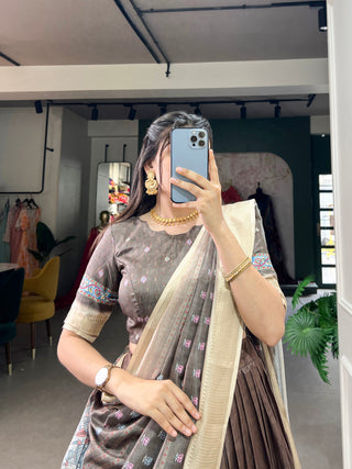 Brown Kalamkari Print Lehenga Choli Set - Dola Silk with Weaving Border ClothsVilla
