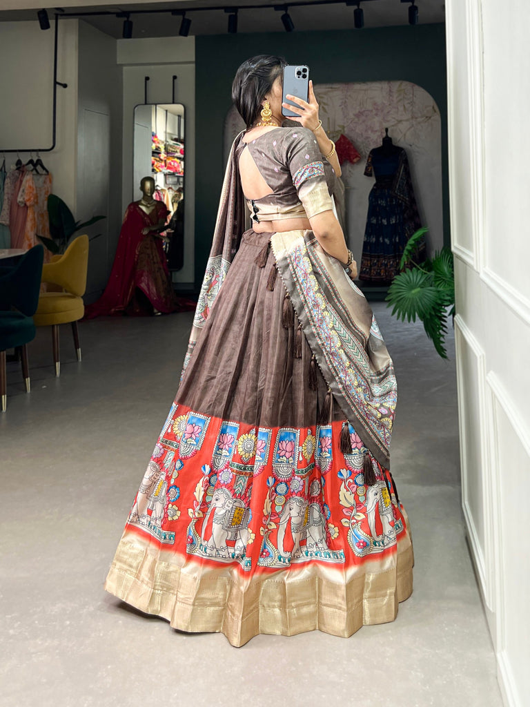 Brown Kalamkari Print Lehenga Choli Set - Dola Silk with Weaving Border ClothsVilla