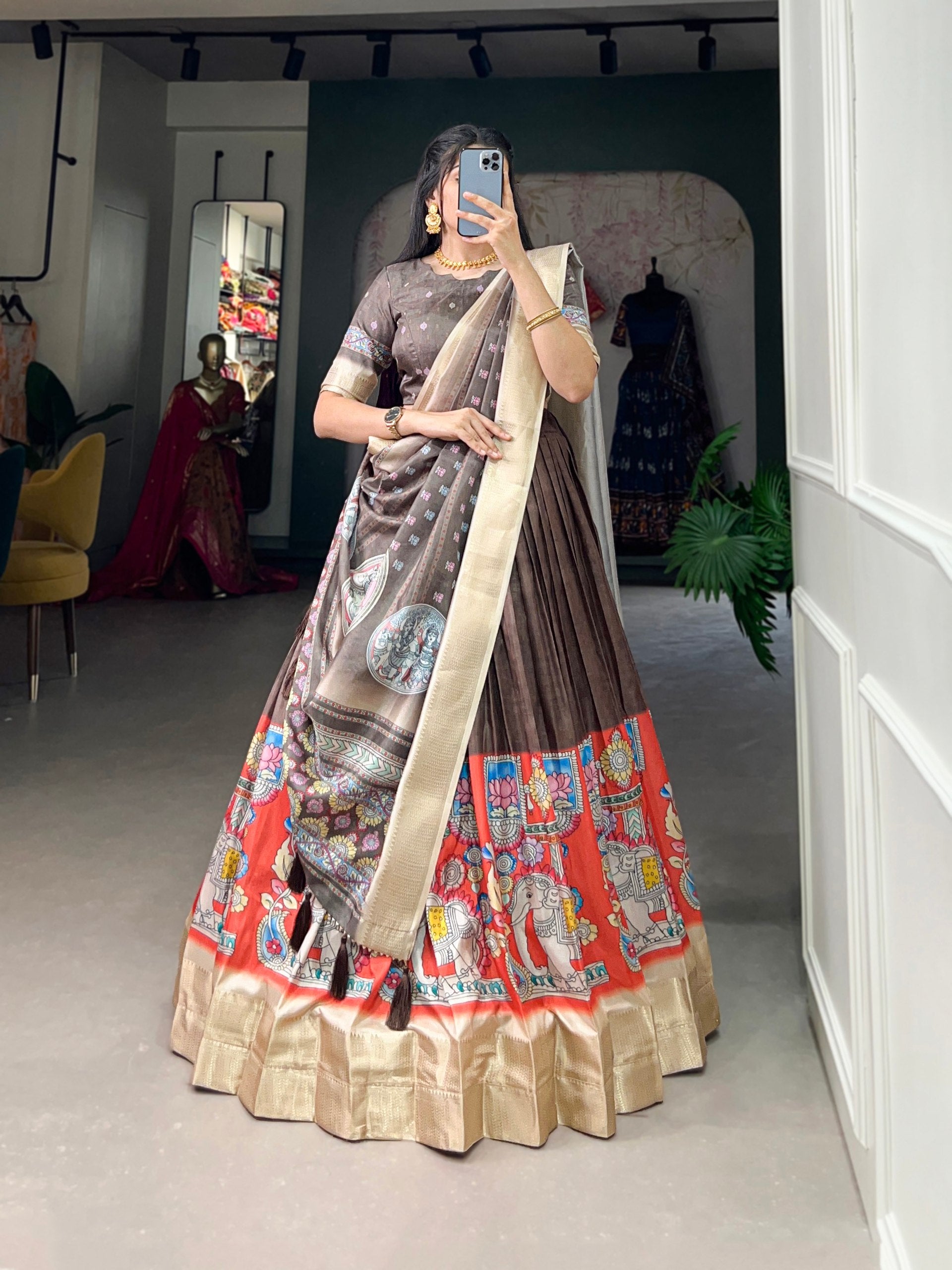 Brown Kalamkari Print Lehenga Choli Set - Dola Silk with Weaving Border ClothsVilla Main image