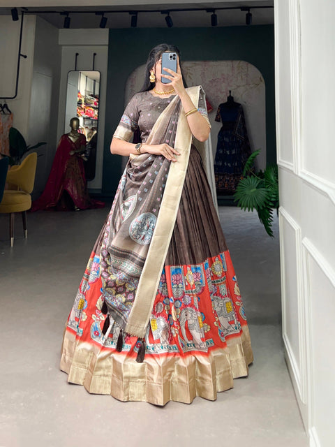 Brown Kalamkari Print Lehenga Choli Set - Dola Silk with Weaving Border ClothsVilla Main image