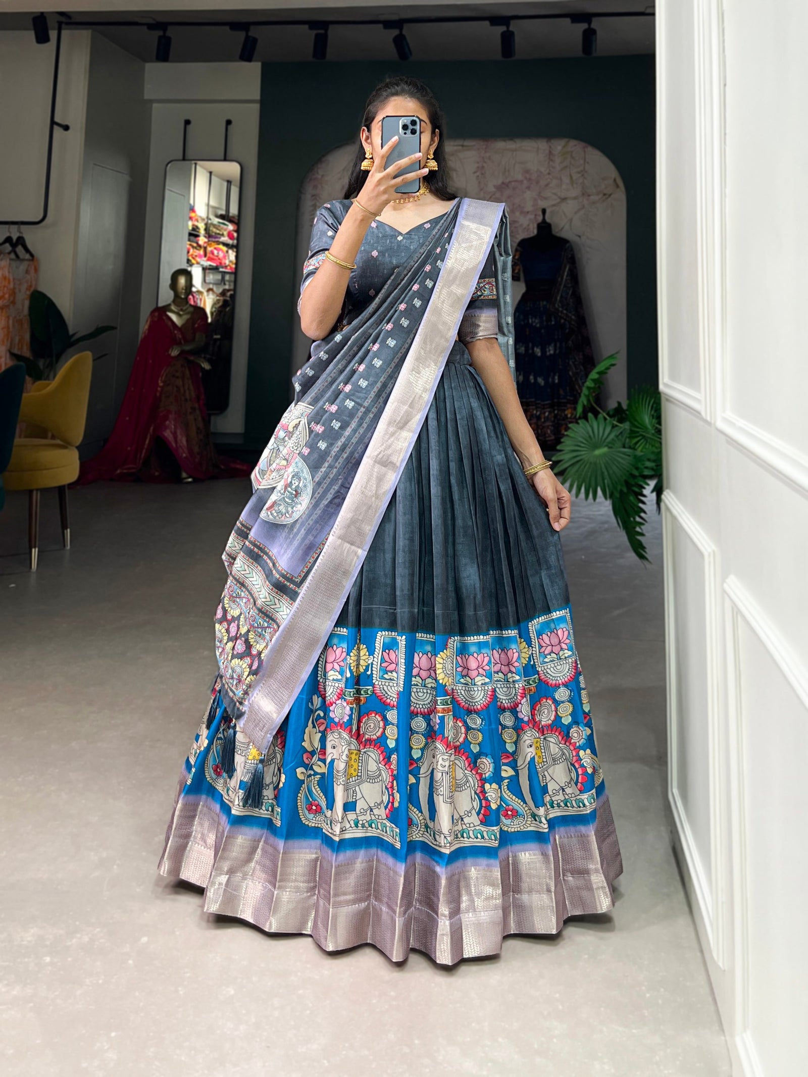 Grey Kalamkari Print Lehenga Choli Set - Dola Silk with Weaving Border ClothsVilla