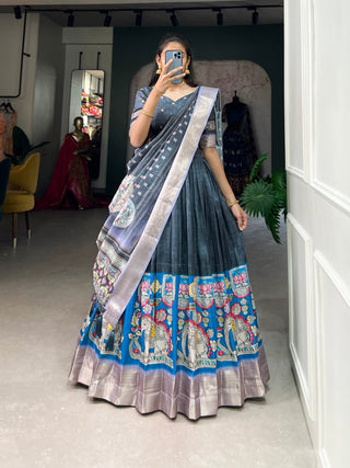 Grey Kalamkari Print Lehenga Choli Set - Dola Silk with Weaving Border ClothsVilla