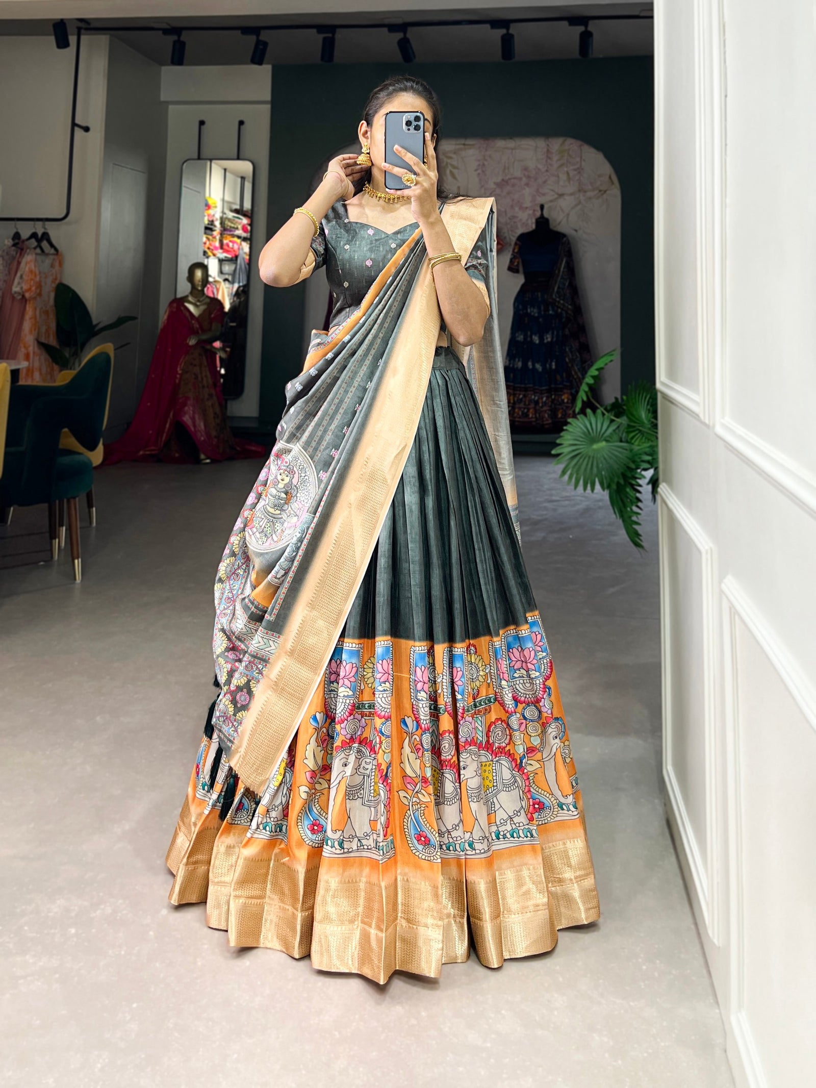 Sea Green Kalamkari Print Lehenga Choli Set - Dola Silk with Weaving Border ClothsVilla