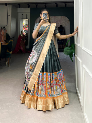 Sea Green Kalamkari Print Lehenga Choli Set - Dola Silk with Weaving Border ClothsVilla