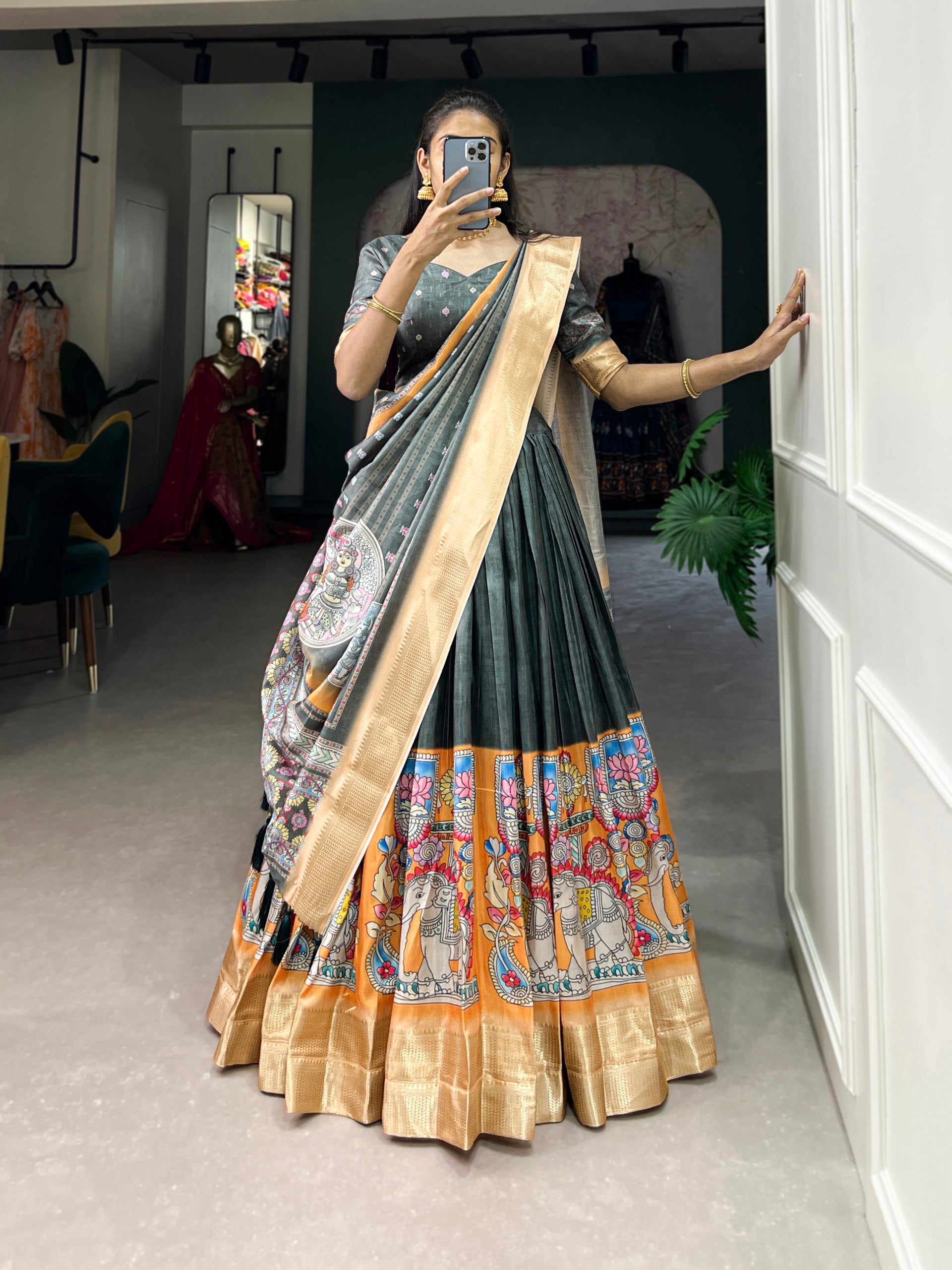 Sea Green Kalamkari Print Lehenga Choli Set - Dola Silk with Weaving Border ClothsVilla
