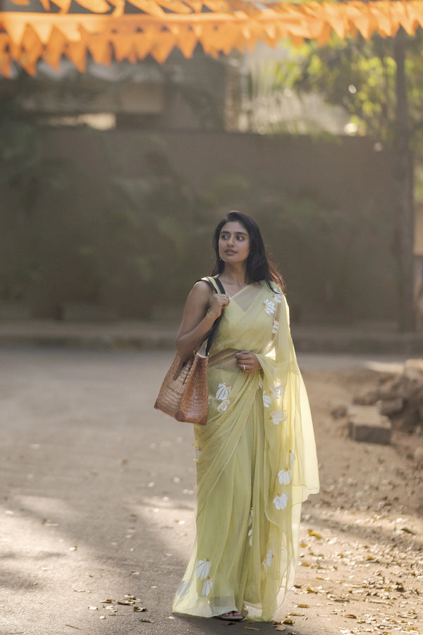 Lemon Yellow Hand-Painted Pure Georgette Saree with White Floral Motifs & Sequin Detailing | Modal Satin Blouse FANCY SAREES