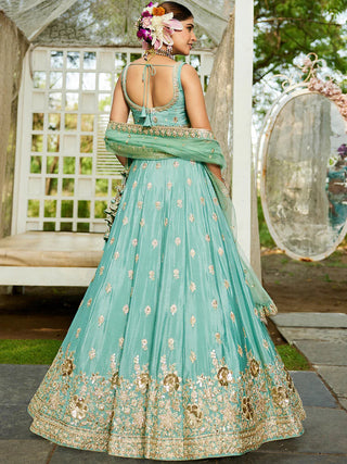 Sea Green Chiffon Semi-Stitched Lehenga Choli Set with Heavy Sequin & Embroidery ClothsVilla