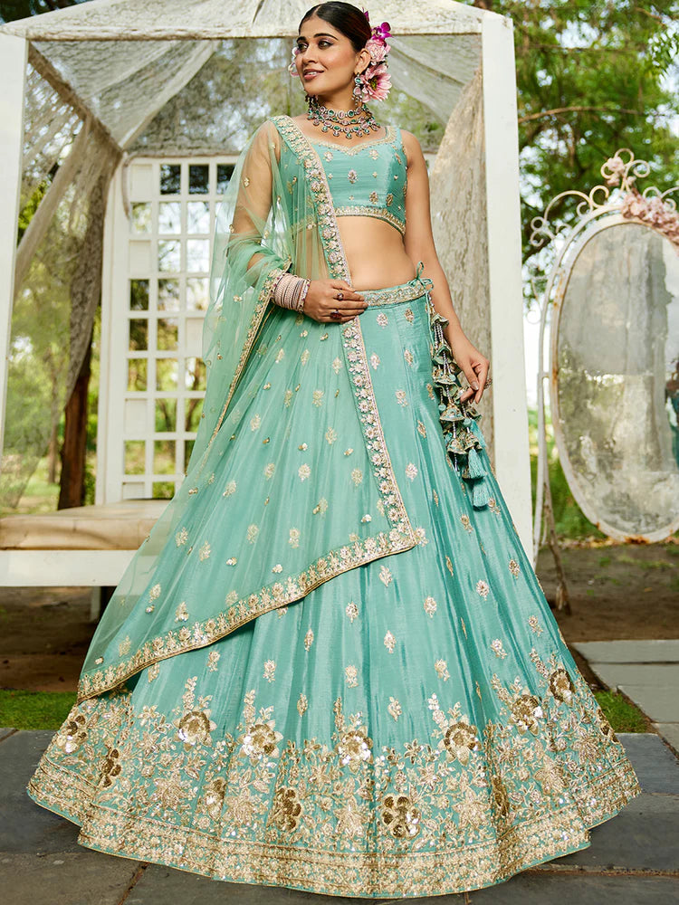 Sea Green Chiffon Semi-Stitched Lehenga Choli Set with Heavy Sequin & Embroidery ClothsVilla Main image