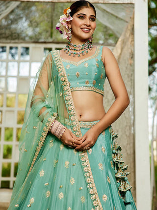 Sea Green Chiffon Semi-Stitched Lehenga Choli Set with Heavy Sequin & Embroidery ClothsVilla