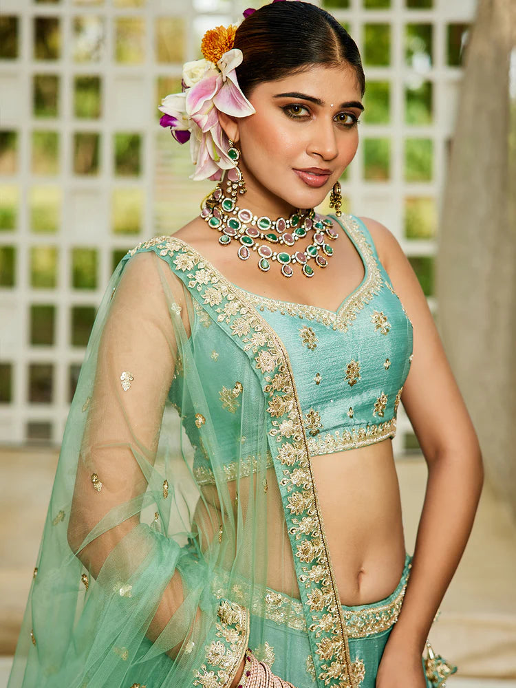 Sea Green Chiffon Semi-Stitched Lehenga Choli Set with Heavy Sequin & Embroidery ClothsVilla