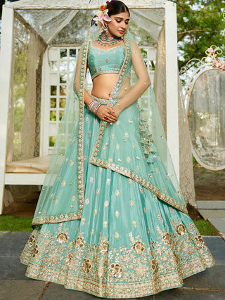 Sea Green Chiffon Semi-Stitched Lehenga Choli Set with Heavy Sequin & Embroidery ClothsVilla