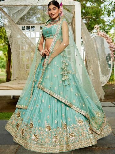 Sea Green Chiffon Semi-Stitched Lehenga Choli Set with Heavy Sequin & Embroidery ClothsVilla