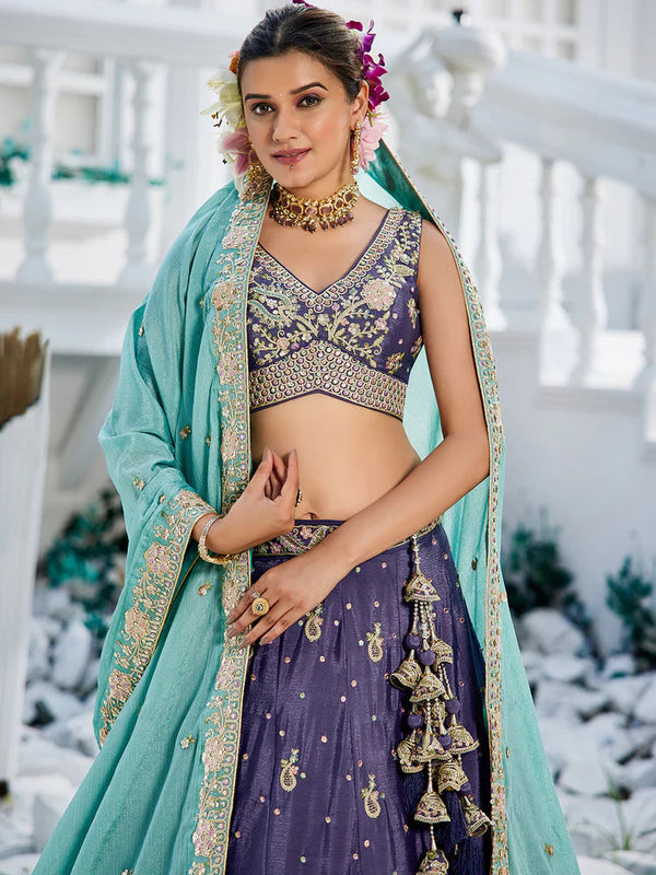 Purple Elegant Chiffon Sequin Embroidered Lehenga Choli Set with Ethnic Dupatta & Handmade Latkan ClothsVilla