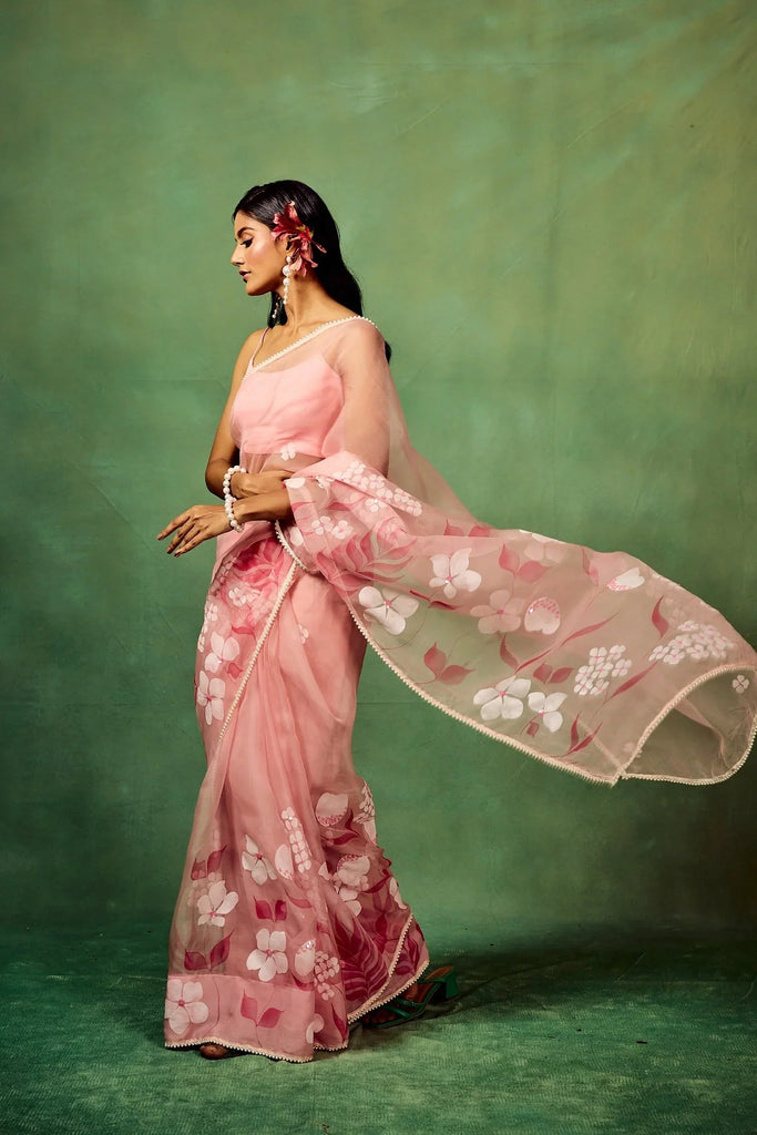 Rose Pink Pure Organza Saree with Hand-Painted Multi-Floral Motifs & Sequin Highlights | Satin Blouse FANCY SAREES