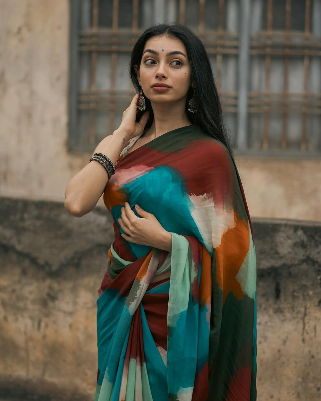 Boho Abstract Multicolor Georgette Saree with Artistic Brushstroke Print & Blouse Fabric FANCY SAREES