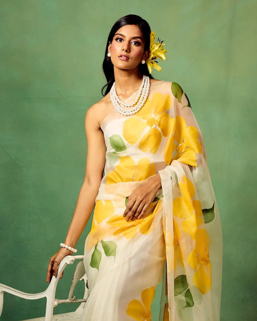 White Pure Organza Saree with Hand-Painted Oversized Yellow Floral Motifs & Sequin Accents | Satin Blouse FANCY SAREES