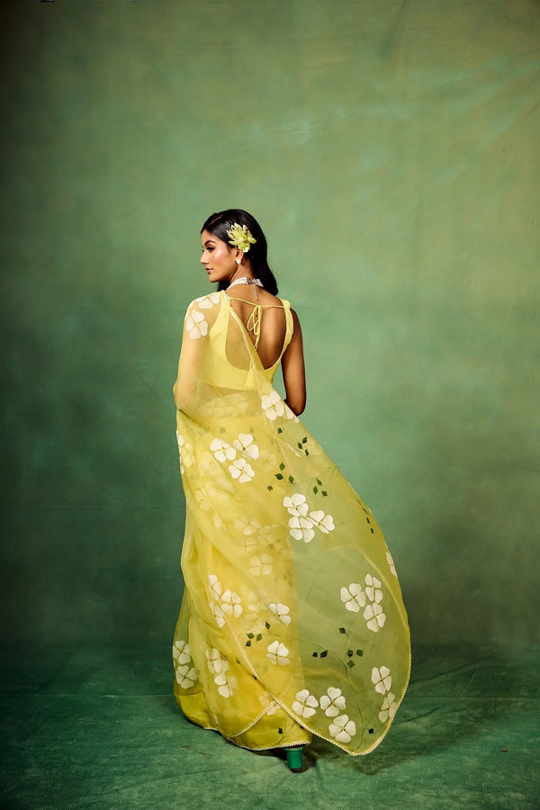 Lemon Yellow Pure Organza Saree with Hand-Painted White Floral Motifs & Sequin Detailing | Modal Satin Blouse FANCY SAREES
