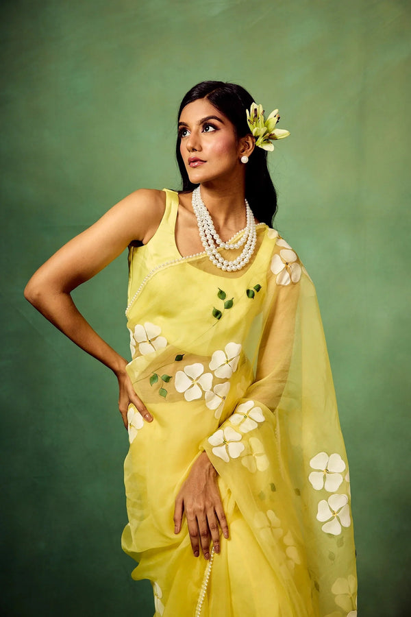 Lemon Yellow Pure Organza Saree with Hand-Painted White Floral Motifs & Sequin Detailing | Modal Satin Blouse FANCY SAREES