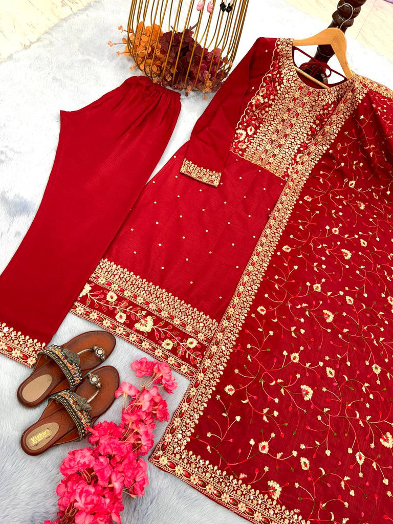 Red Premium Designer Readymade Suit Set Heavy Chinon Silk Clothsvilla