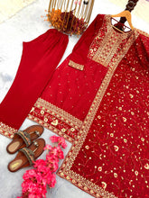 Load image into Gallery viewer, Red Premium Designer Readymade Suit Set Heavy Chinon Silk Clothsvilla