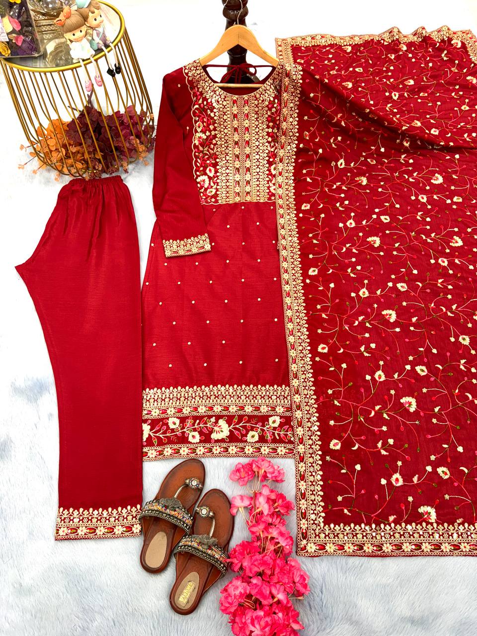 Red Premium Designer Readymade Suit Set Heavy Chinon Silk Clothsvilla