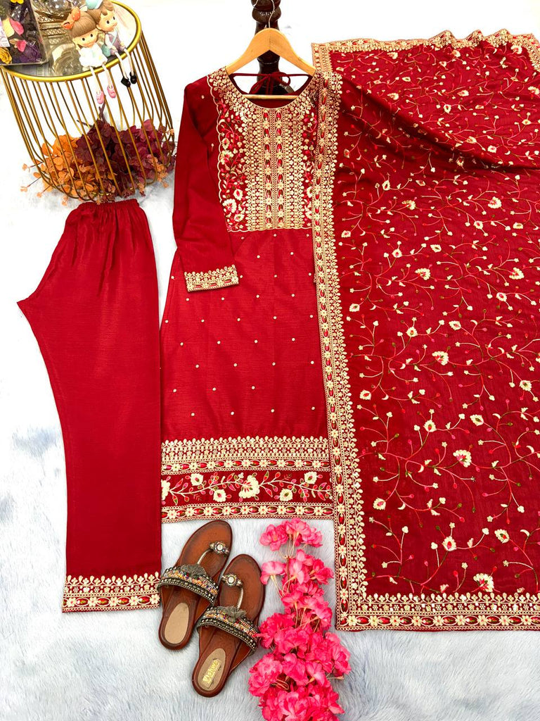 Red Premium Designer Readymade Suit Set Heavy Chinon Silk Clothsvilla