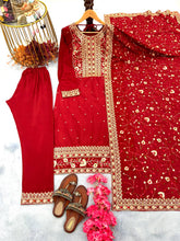 Load image into Gallery viewer, Red Premium Designer Readymade Suit Set Heavy Chinon Silk Clothsvilla