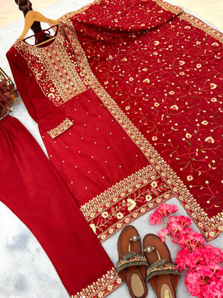 Red Premium Designer Readymade Suit Set Heavy Chinon Silk Clothsvilla