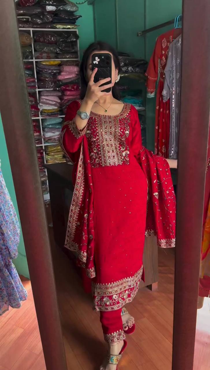 Red Premium Designer Readymade Suit Set Heavy Chinon Silk Clothsvilla Main image