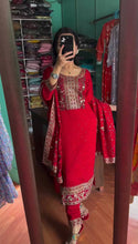 Load image into Gallery viewer, Red Premium Designer Readymade Suit Set Heavy Chinon Silk Clothsvilla