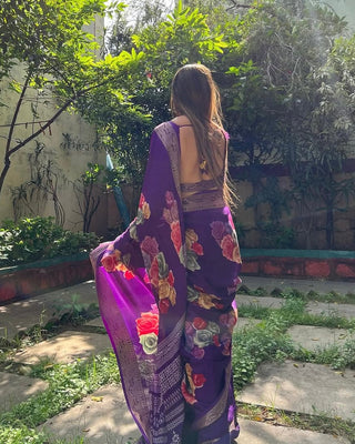 Regal Purple Tussar Silk Saree with Multicolor Floral Prints & Intricate Zari Border DIGITAL PRINT