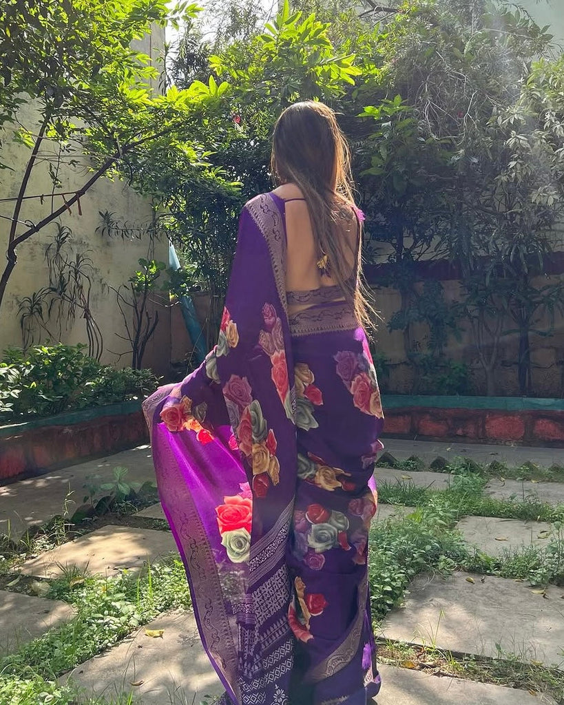 Regal Purple Tussar Silk Saree with Multicolor Floral Prints & Intricate Zari Border DIGITAL PRINT