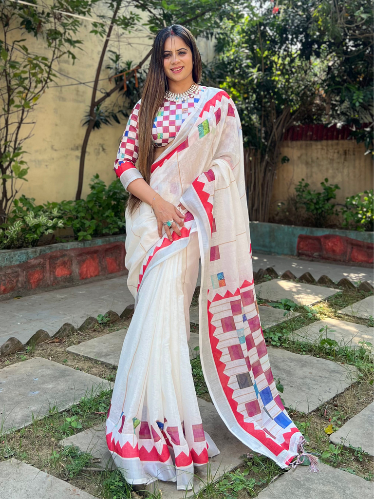 White Pure Cotton Linen Saree with Multicolor Checkered Design, Blouse, and Tassel Detailing LINEN