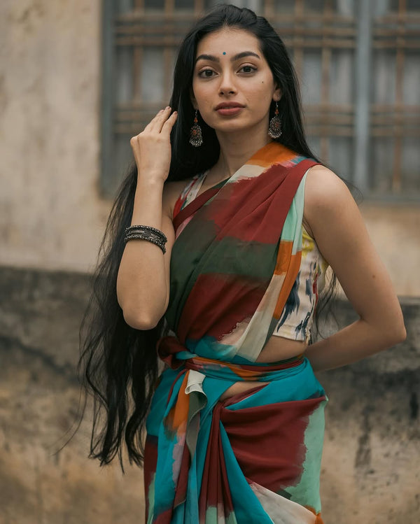Boho Abstract Multicolor Georgette Saree with Artistic Brushstroke Print & Blouse Fabric FANCY SAREES