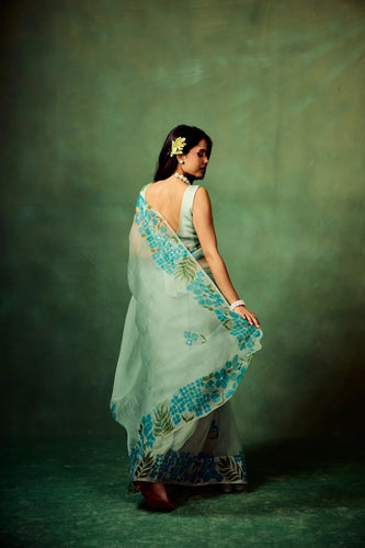 Sky Blue Pure Organza Hand-Painted Saree with White Floral Motifs & Sequins | Modal Satin Blouse FANCY SAREES