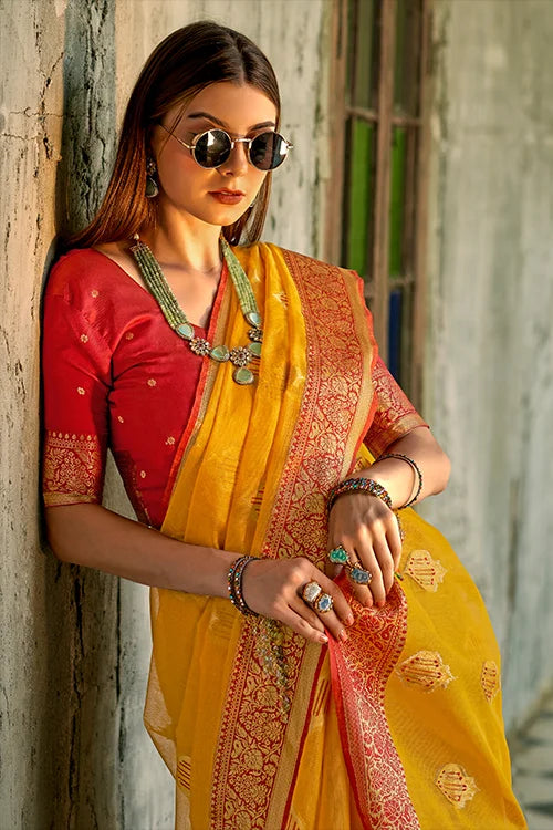 Buy New Beautiful Collection For Woven Saree With Unstitched Blouse Piece Secondary image