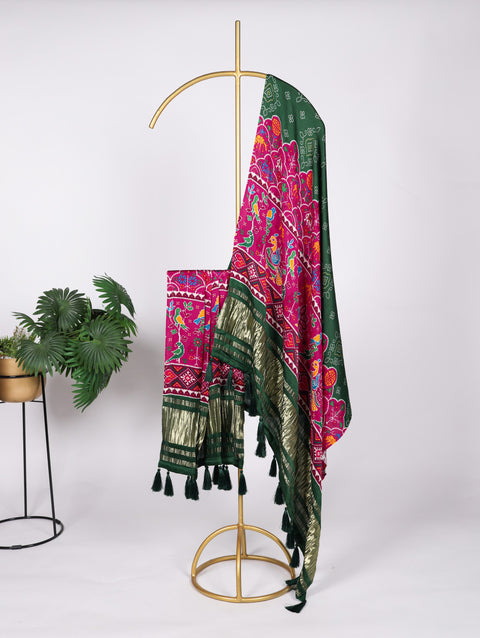 Green Gaji Silk Dupatta with Digital Prints & Lagadi Patta ClothsVilla Main image