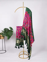 Load image into Gallery viewer, Green Gaji Silk Dupatta with Digital Prints &amp; Lagadi Patta ClothsVilla
