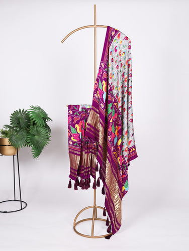 Grey Gaji Silk Dupatta with Digital Prints & Lagadi Patta ClothsVilla