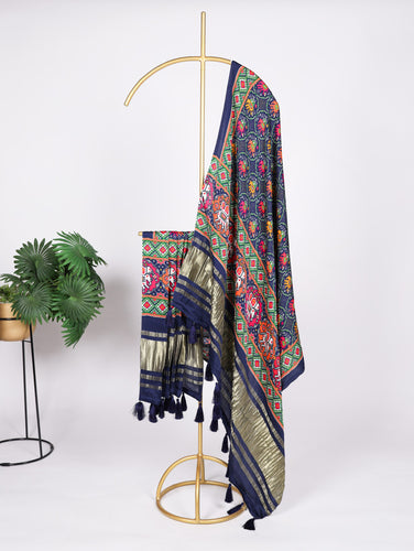 Navy Blue Gaji Silk Dupatta with Digital Prints & Lagadi Patta ClothsVilla