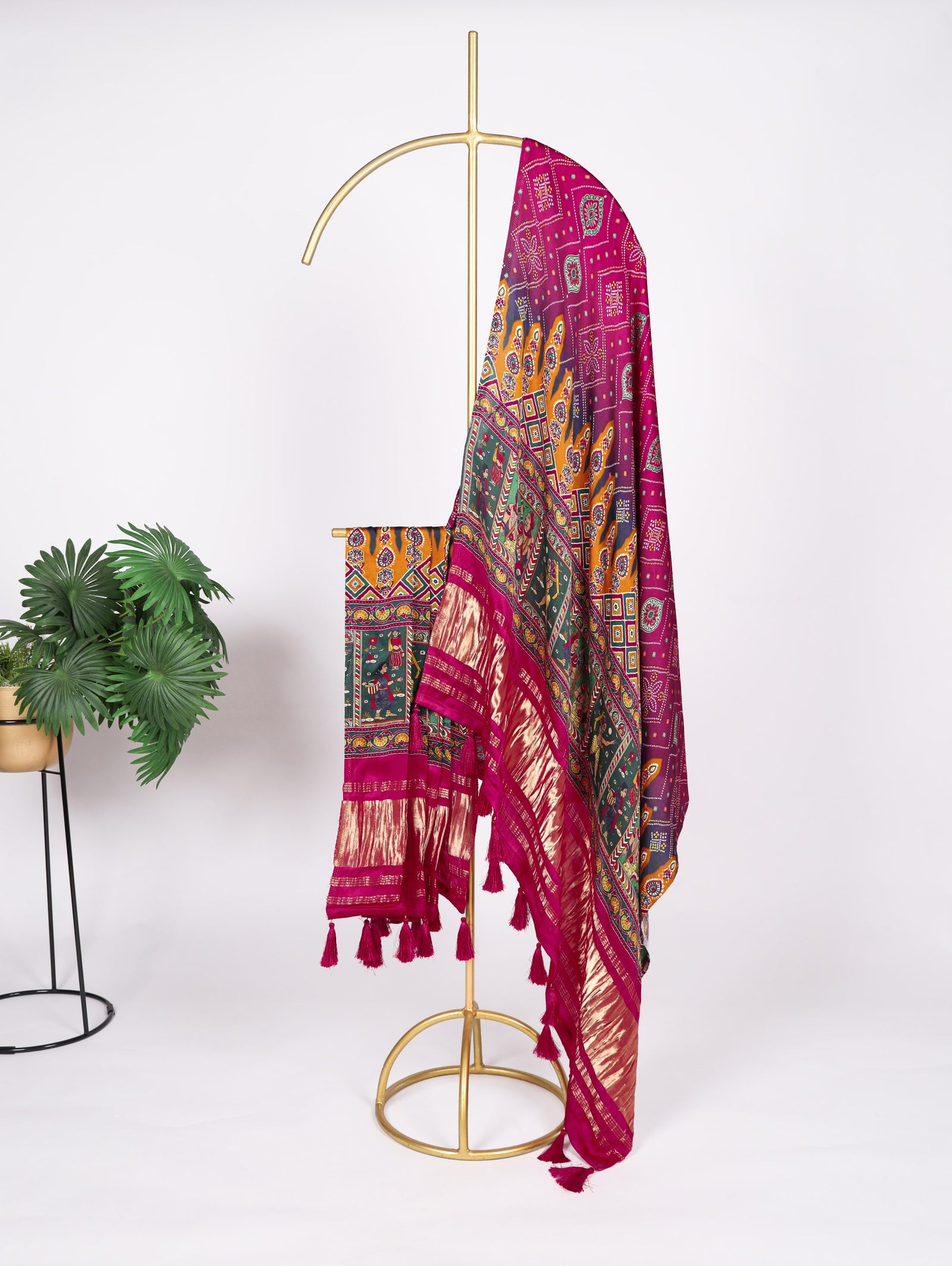 Pink Gaji Silk Dupatta with Digital Prints & Lagadi Patta ClothsVilla
