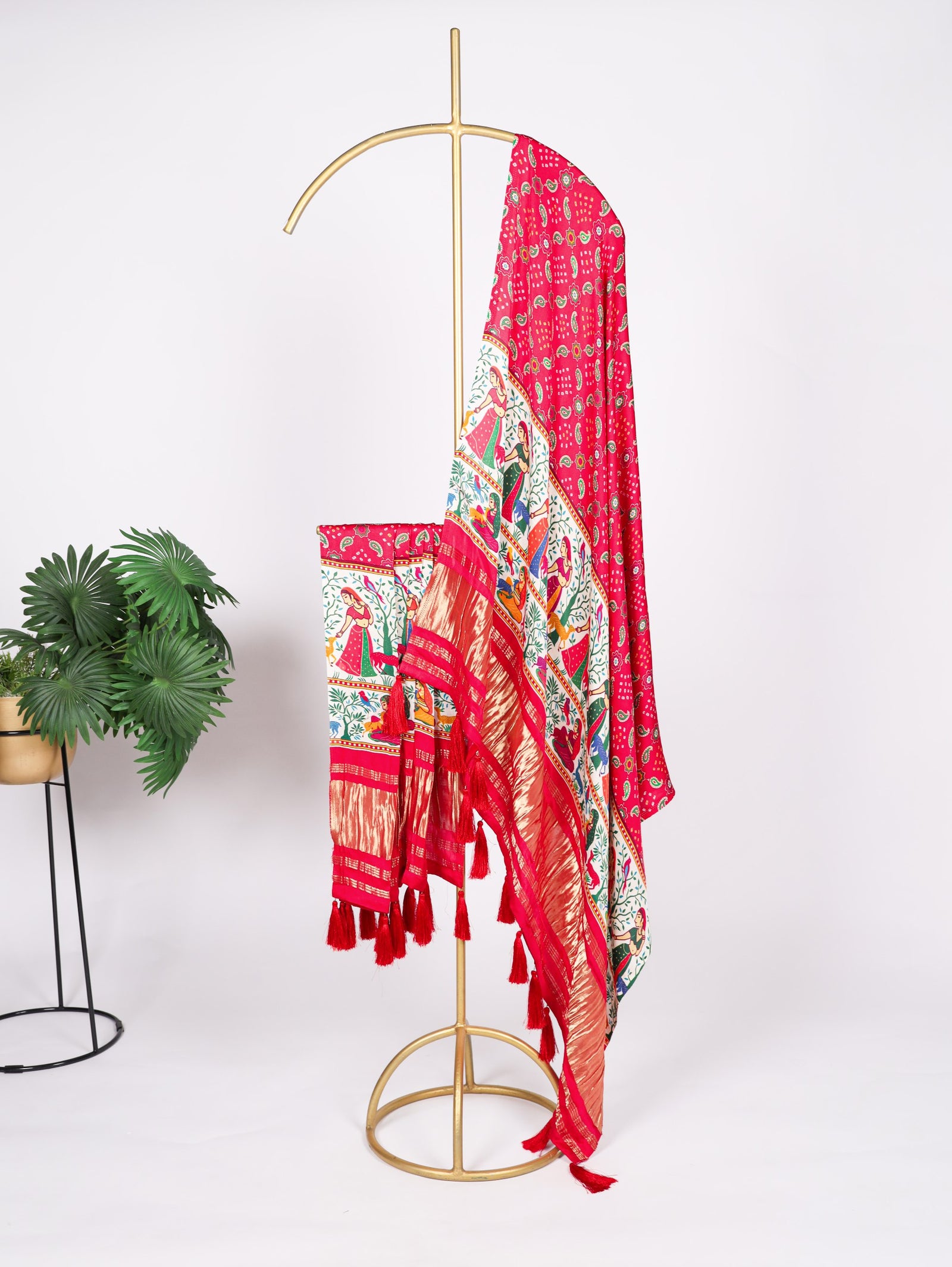 Tomato Red Gaji Silk Dupatta with Digital Prints & Lagadi Patta ClothsVilla