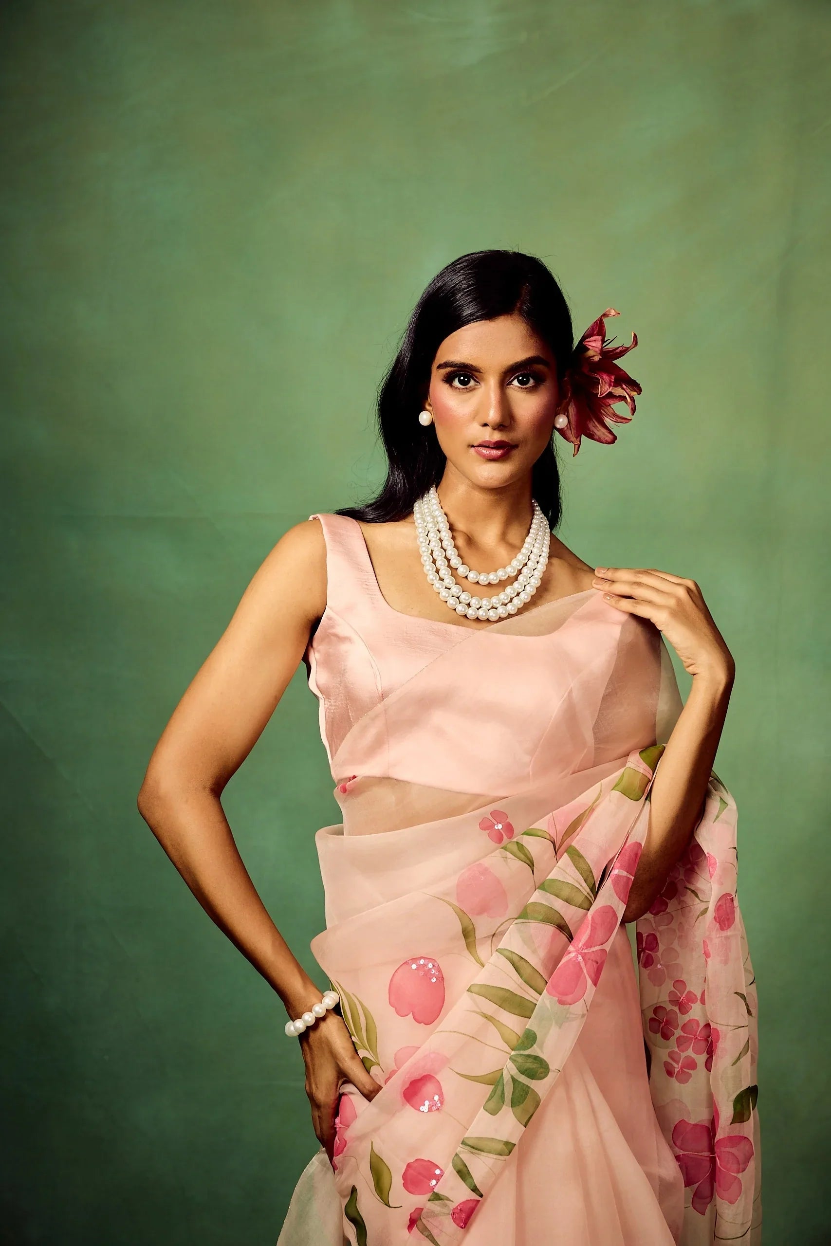Blush Pink Pure Organza Saree with Hand-Painted White Floral Motifs and Sequin Detailing FANCY SAREES