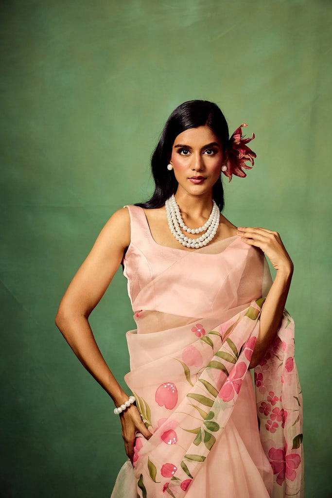 Blush Pink Pure Organza Saree with Hand-Painted White Floral Motifs and Sequin Detailing FANCY SAREES