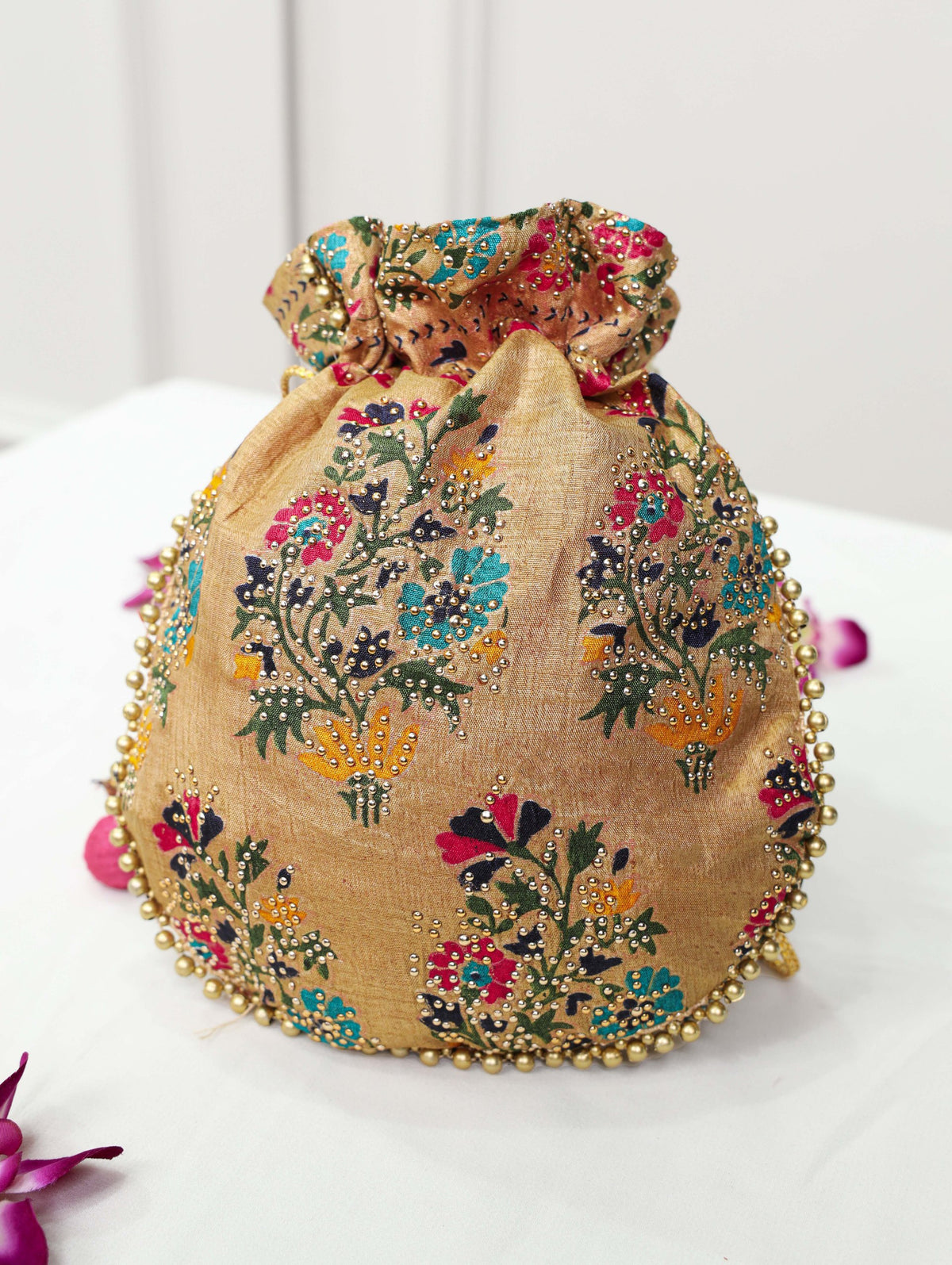 Cream Dola Silk Batwa with Foil Print, Stone Embellishments & Lace Border ClothsVilla Main image