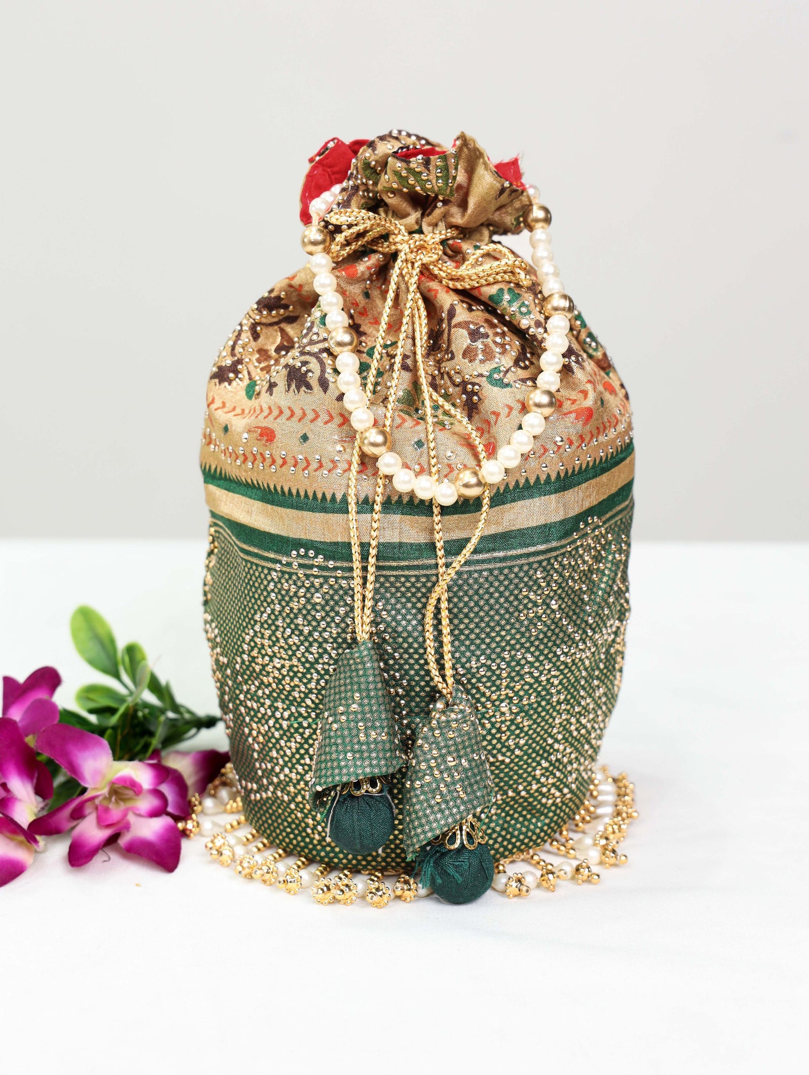 Green Dola Silk Batwa with Foil Print, Stone Embellishments & Lace Border ClothsVilla