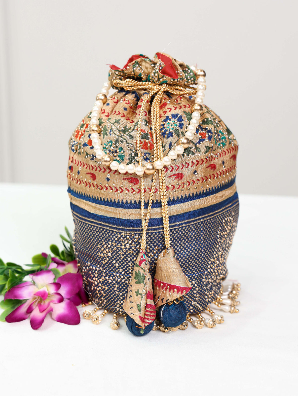 Navy Blue Dola Silk Batwa with Foil Print, Stone Embellishments & Lace Border ClothsVilla Main image